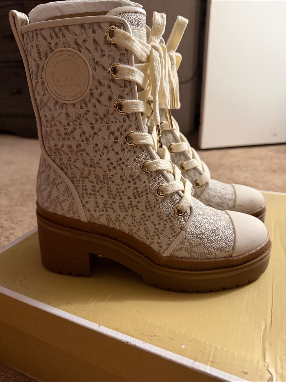 Michael Kors Cream/Tan MK Logo Lace-Up Platform Boots